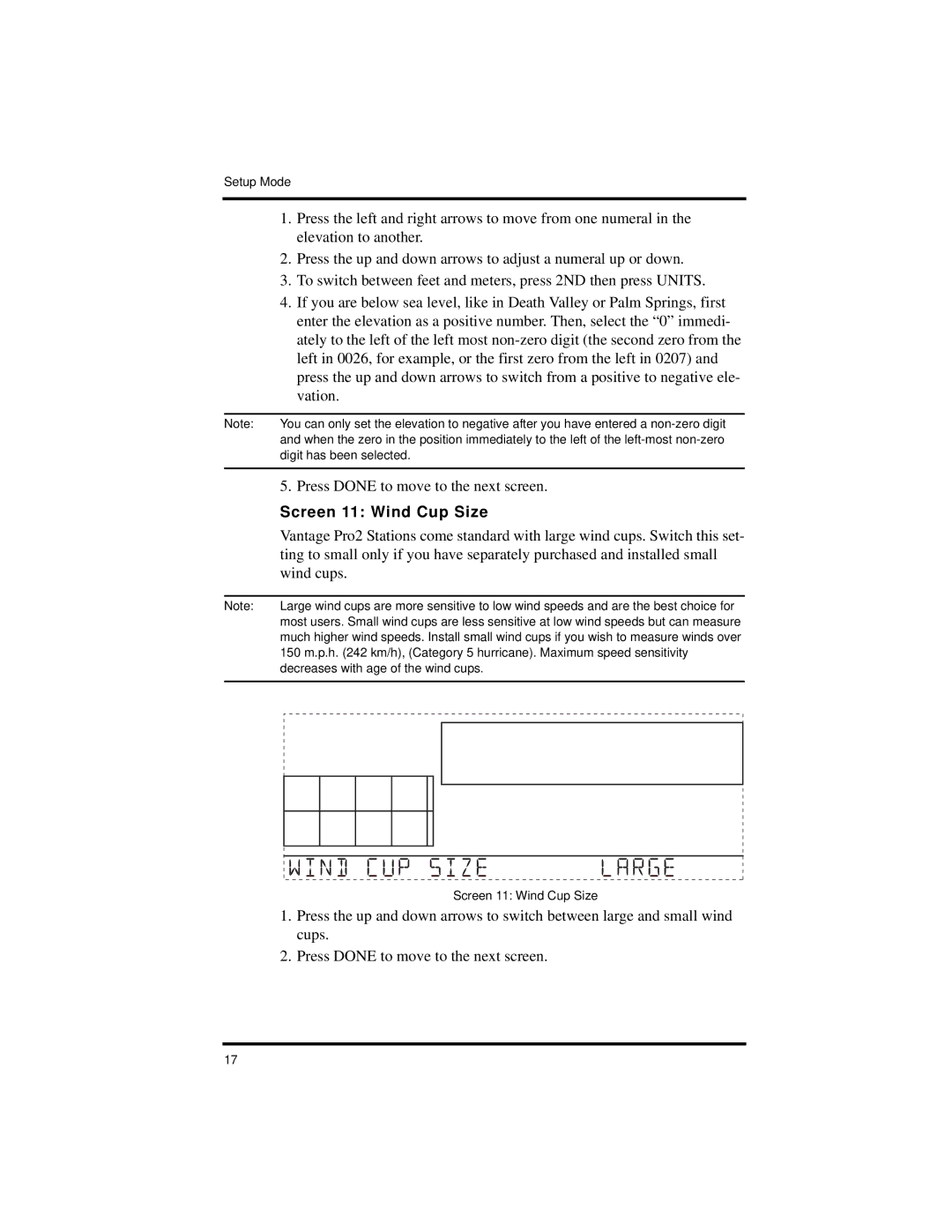Davis Instruments Vantage Pro2 manual Screen 11 Wind Cup Size 