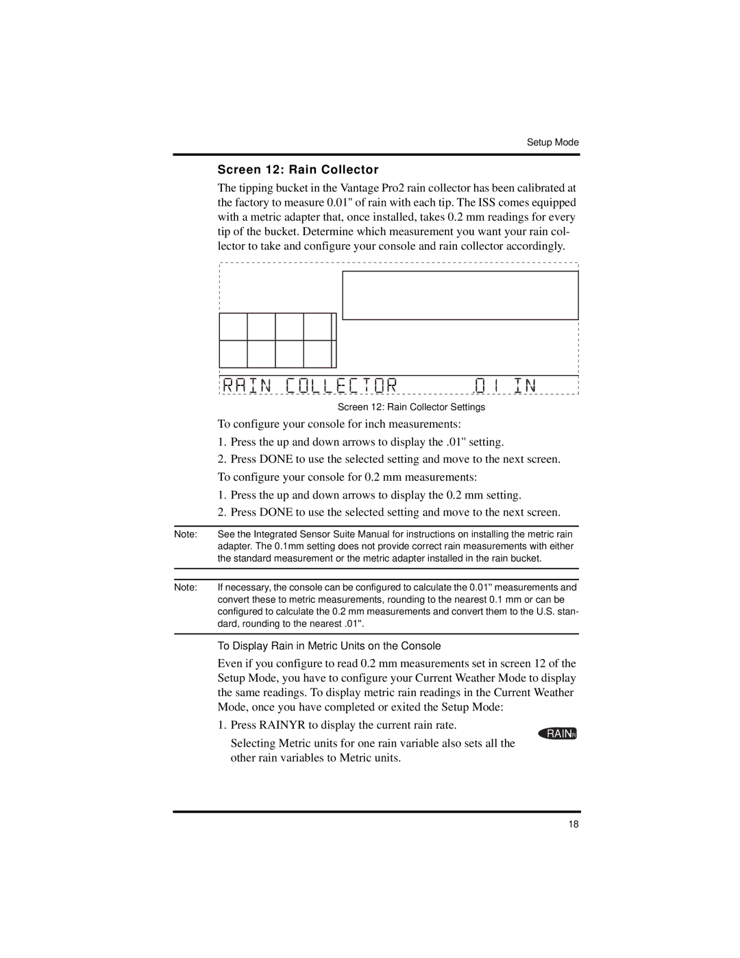 Davis Instruments Vantage Pro2 manual Screen 12 Rain Collector 