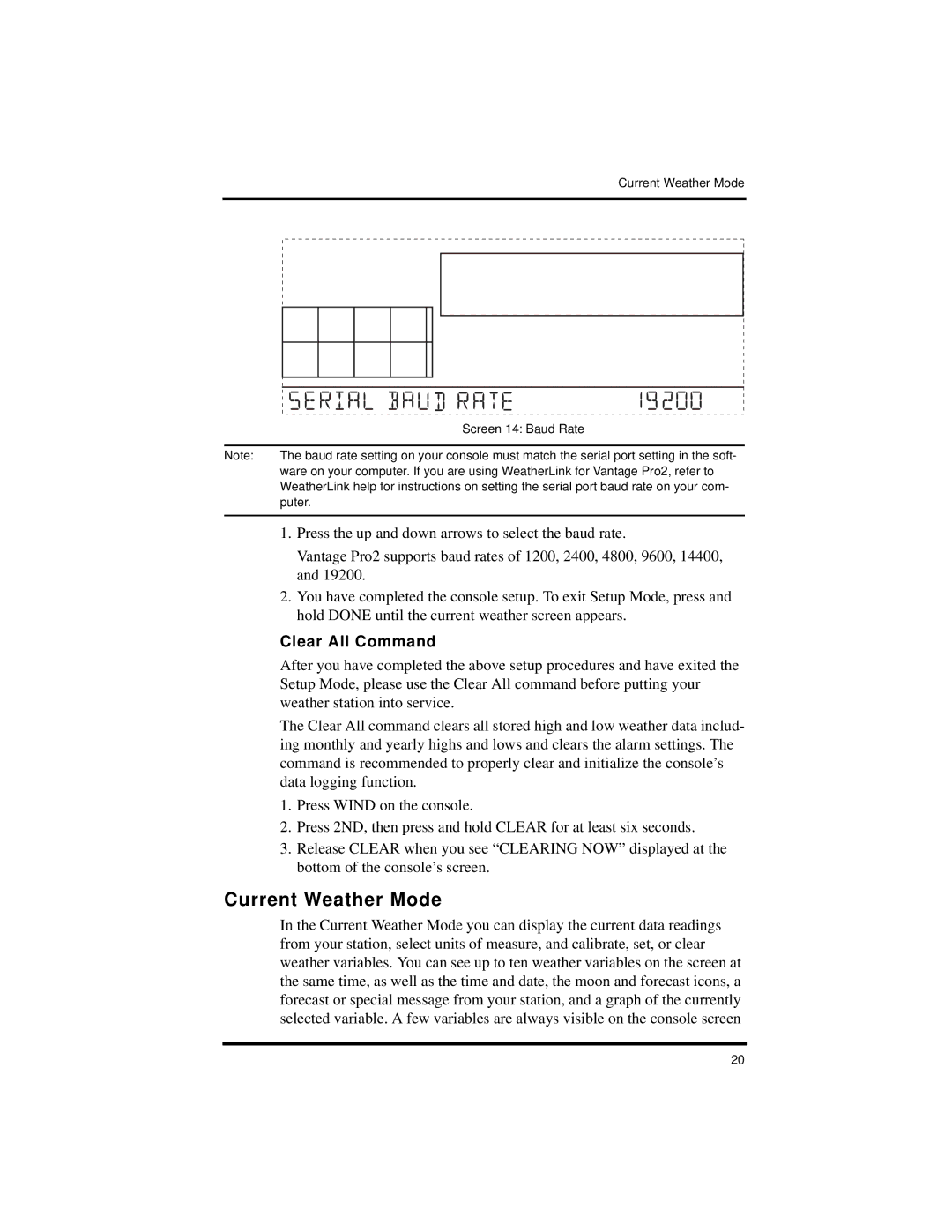 Davis Instruments Vantage Pro2 manual Current Weather Mode, Clear All Command 