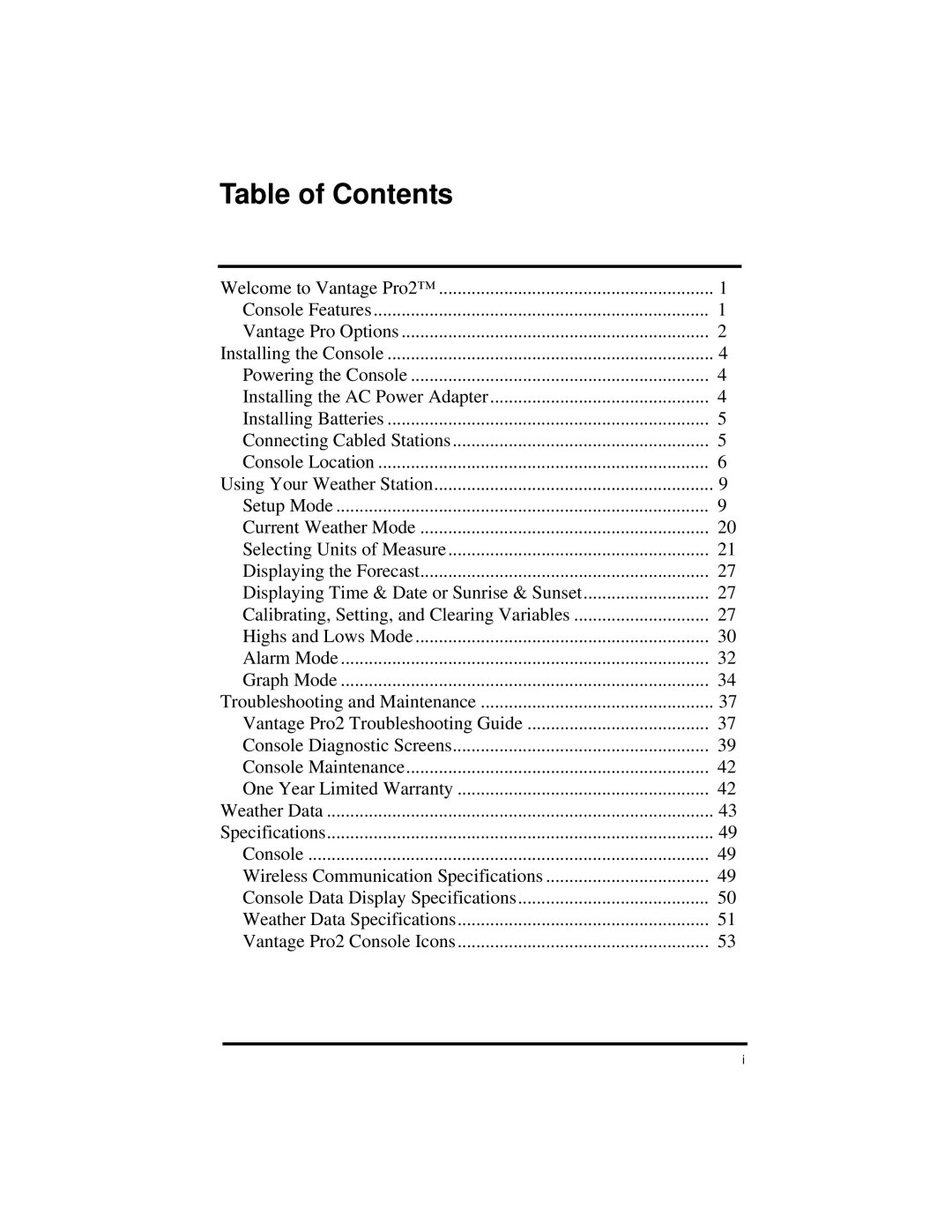 Davis Instruments Vantage Pro2 manual Table of Contents 