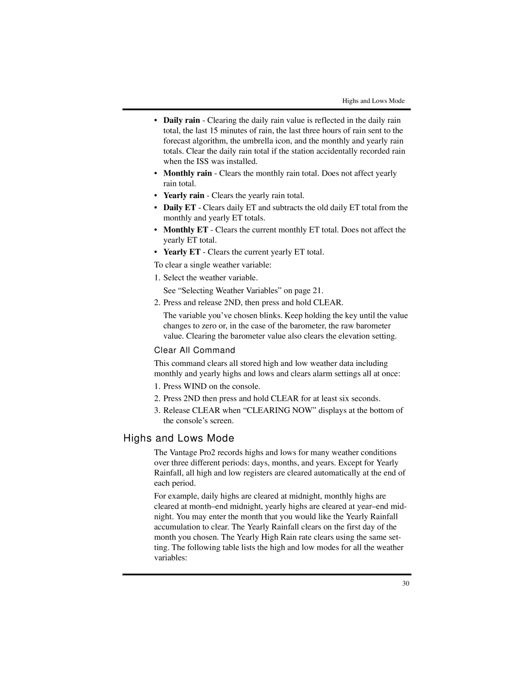 Davis Instruments Vantage Pro2 manual Highs and Lows Mode, Clear All Command 
