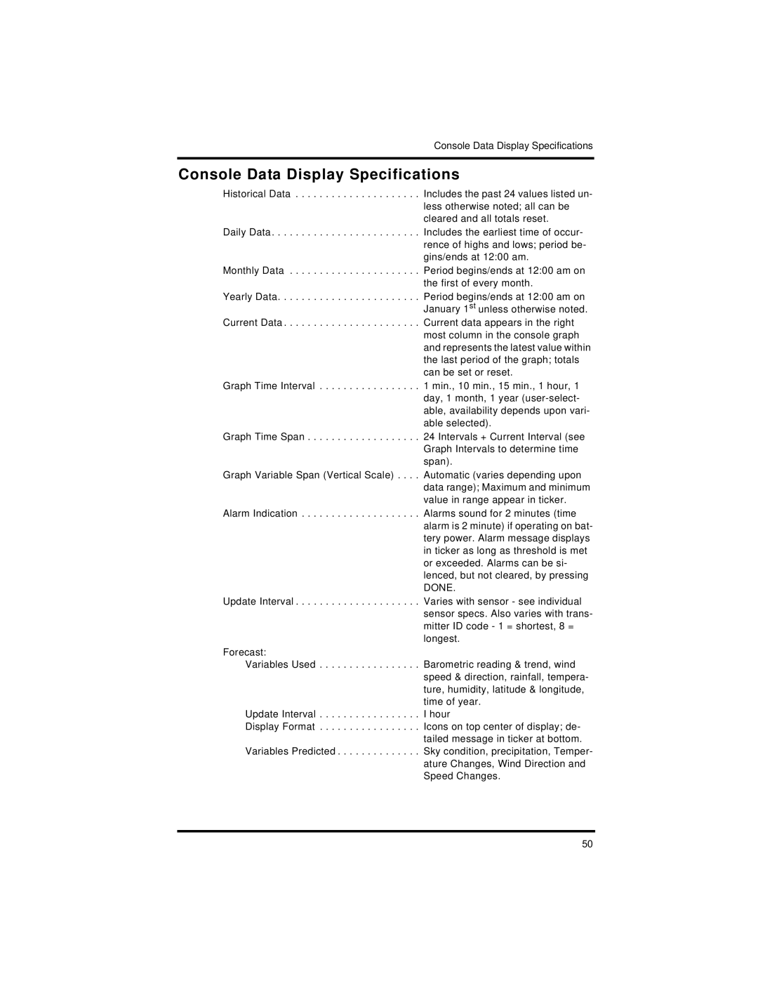 Davis Instruments Vantage Pro2 manual Console Data Display Specifications 