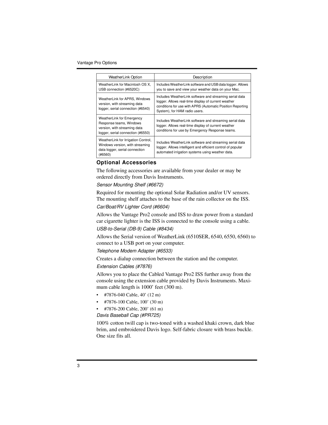 Davis Instruments Vantage Pro2 manual Optional Accessories 