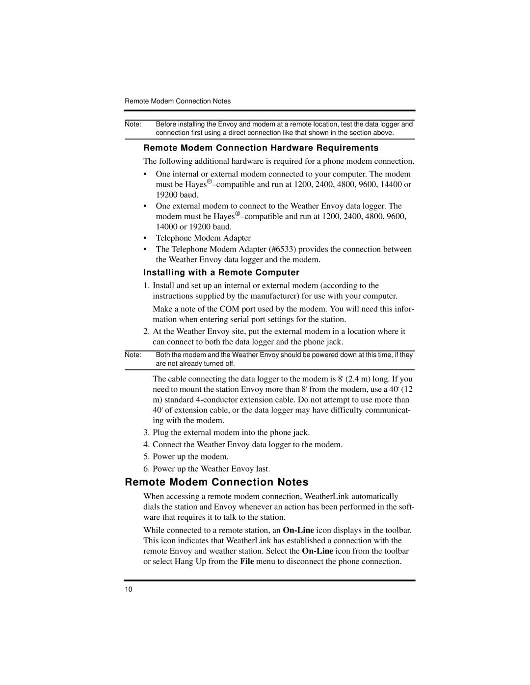 DAVIS Vantage Pro2 manual Remote Modem Connection Notes, Remote Modem Connection Hardware Requirements 