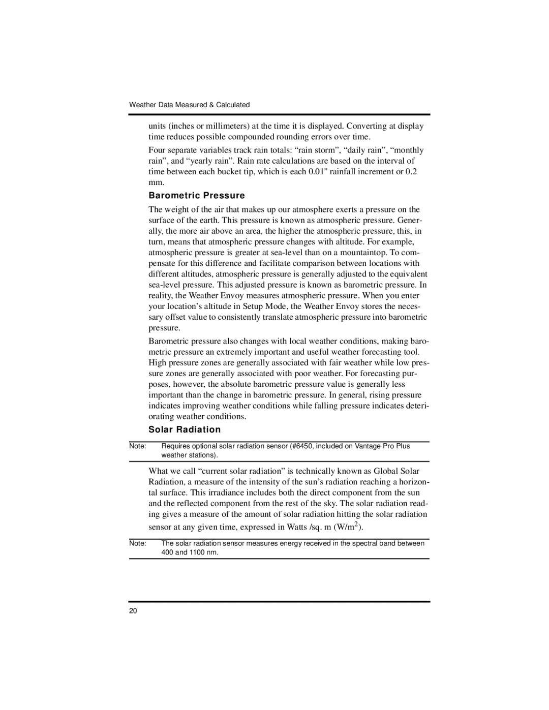 DAVIS Vantage Pro2 manual Barometric Pressure, Solar Radiation 