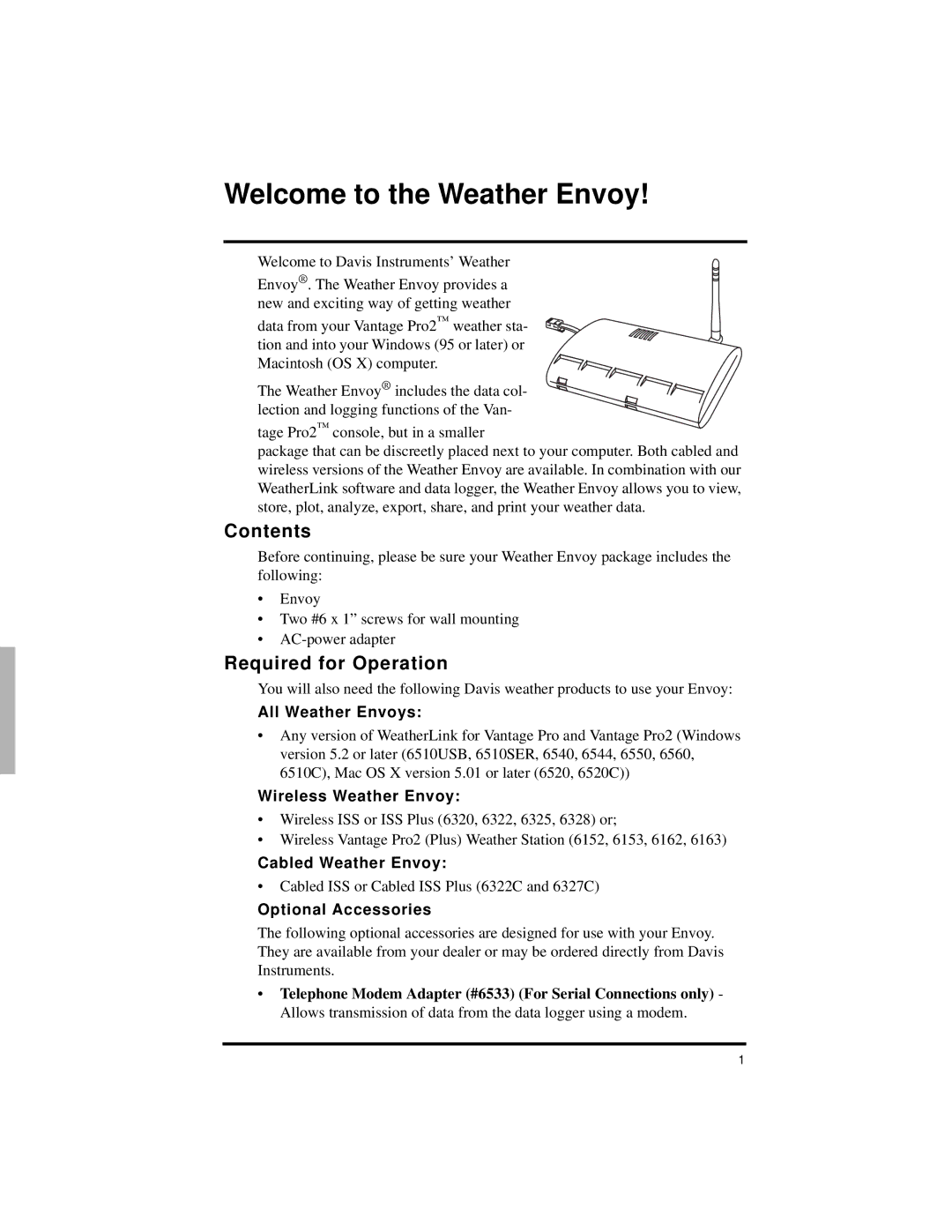 DAVIS Vantage Pro2 manual Contents, Required for Operation 