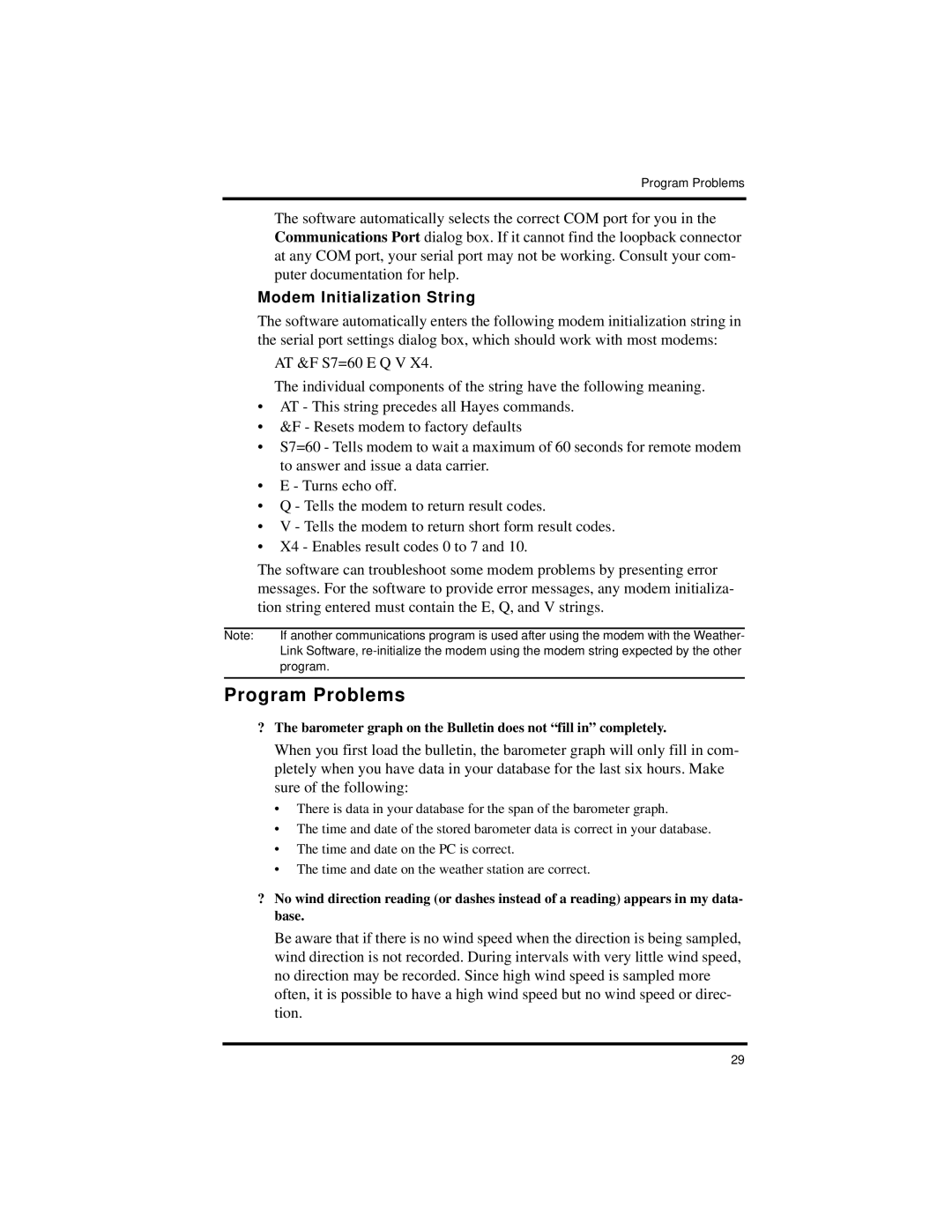 DAVIS Vantage Pro2 manual Program Problems, Modem Initialization String 