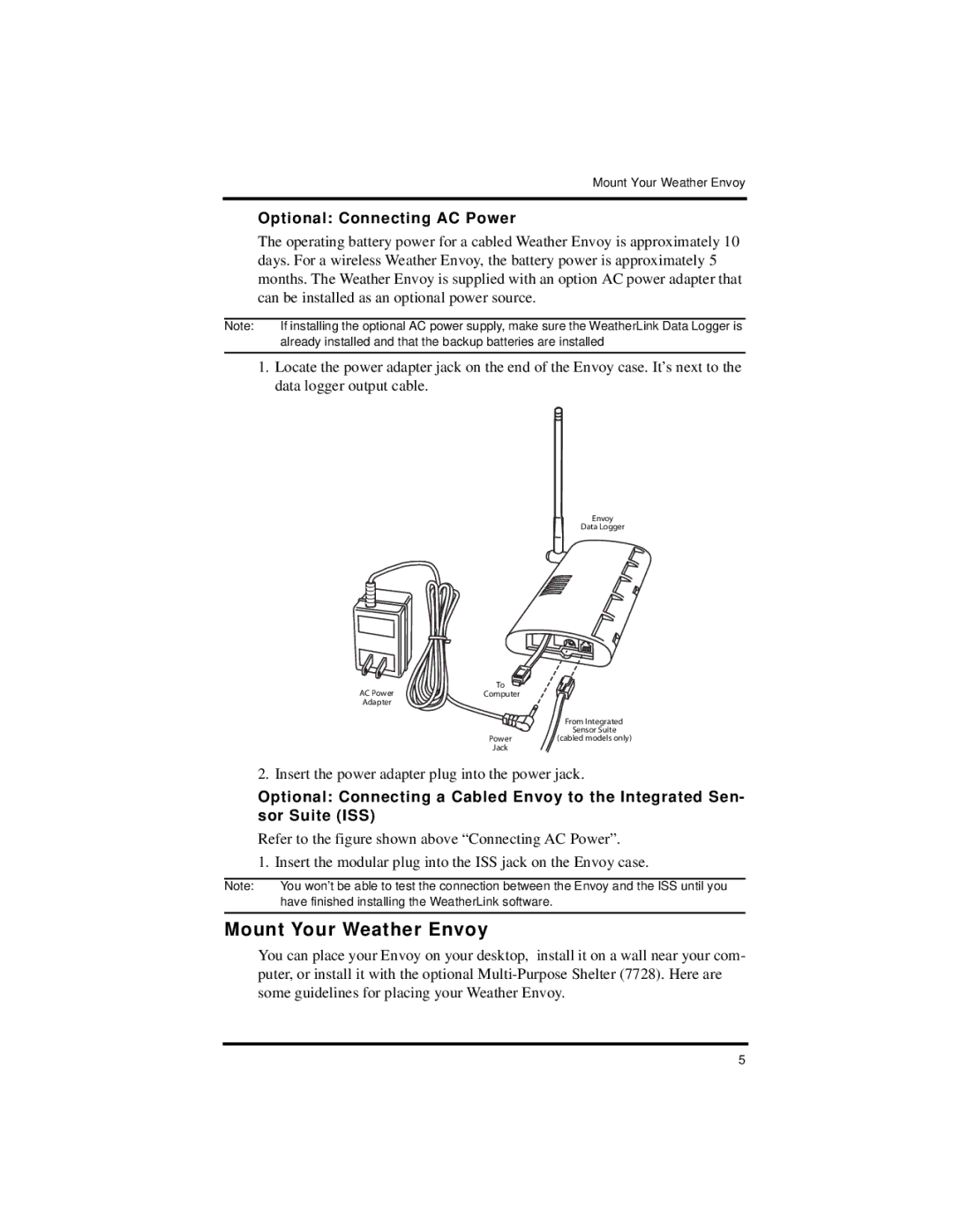 DAVIS Vantage Pro2 manual Mount Your Weather Envoy, Optional Connecting AC Power 