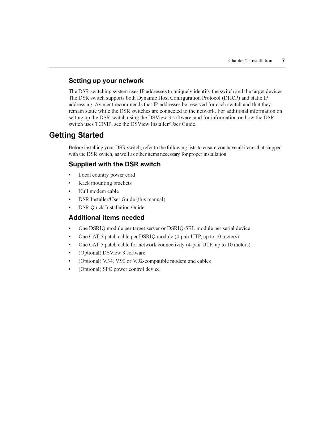 Daxten DSR1020, DSR2020 Getting Started, Setting up your network, Supplied with the DSR switch, Additional items needed 