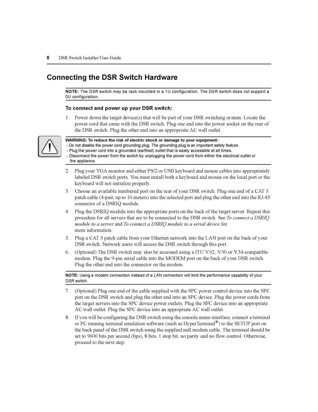 Daxten DSR2020, DSR4020, DSR8020, DSR1020 manual Connecting the DSR Switch Hardware, To connect and power up your DSR switch 