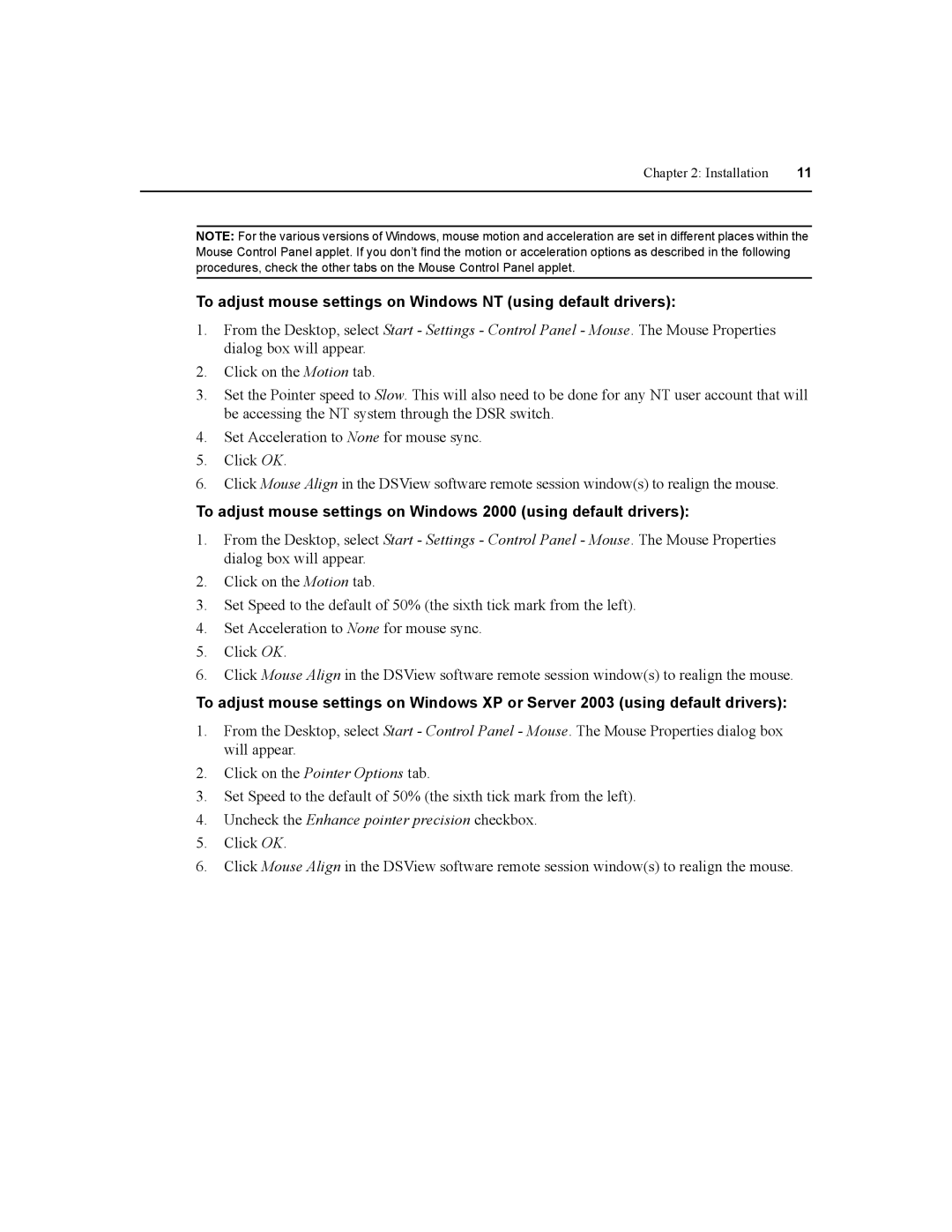 Daxten DSR1020, DSR2020, DSR4020, DSR8020 manual To adjust mouse settings on Windows NT using default drivers 