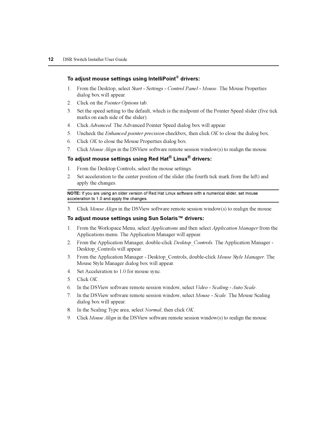 Daxten DSR2020 To adjust mouse settings using IntelliPoint drivers, To adjust mouse settings using Red Hat Linux drivers 