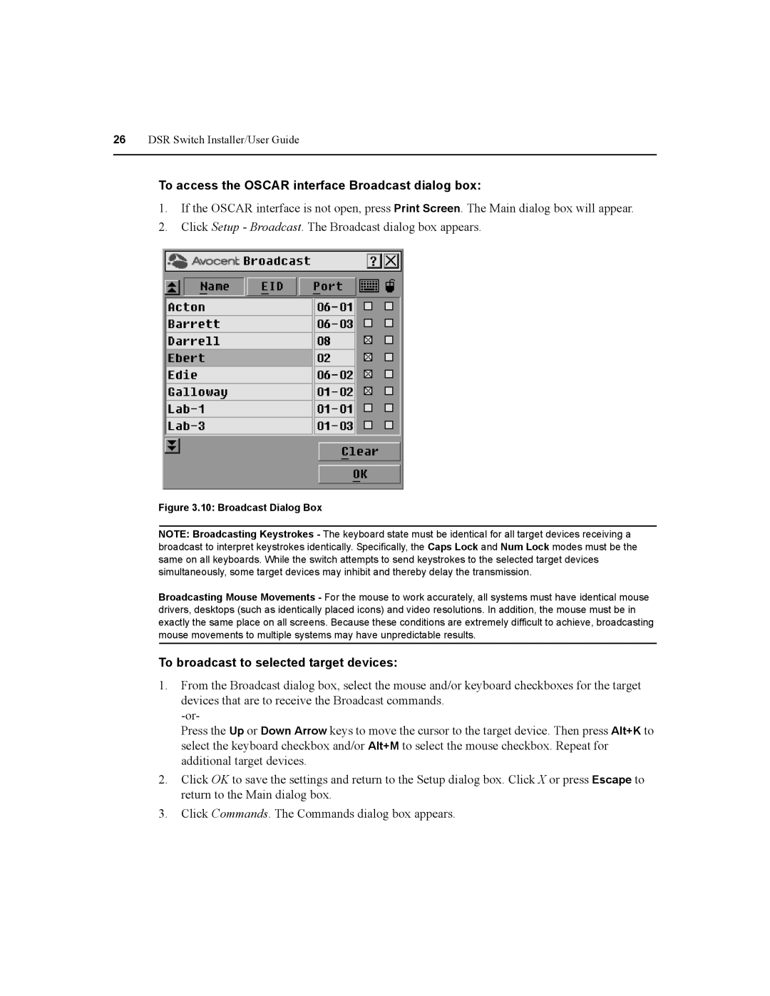 Daxten DSR8020, DSR2020 manual To access the Oscar interface Broadcast dialog box, To broadcast to selected target devices 