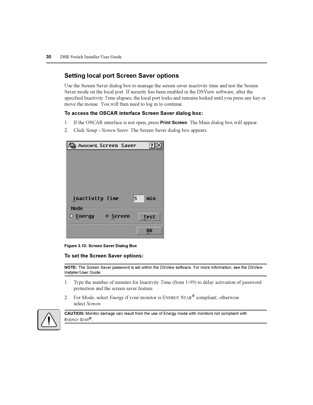 Daxten DSR8020, DSR2020 Setting local port Screen Saver options, To access the Oscar interface Screen Saver dialog box 