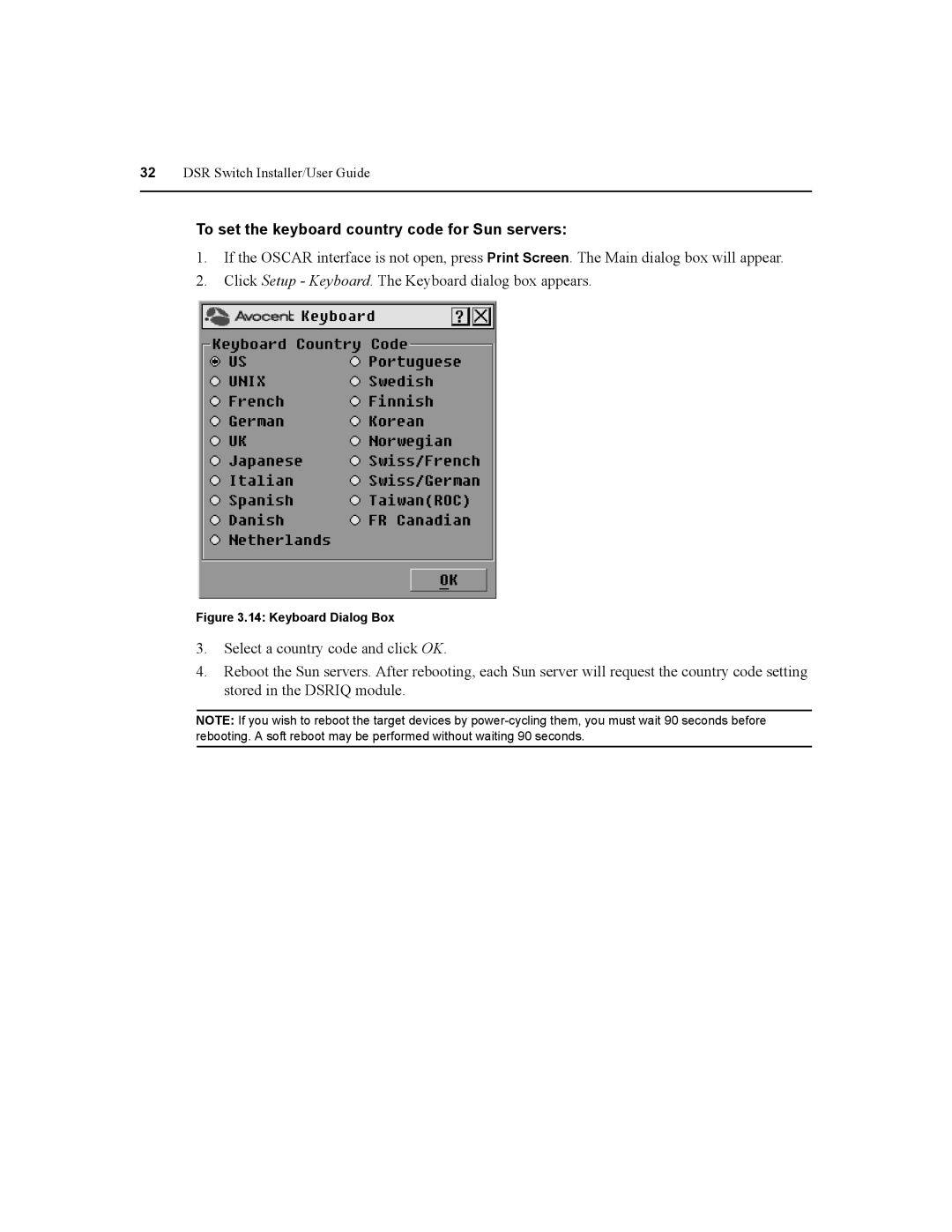 Daxten DSR2020, DSR4020, DSR8020, DSR1020 manual To set the keyboard country code for Sun servers, Keyboard Dialog Box 