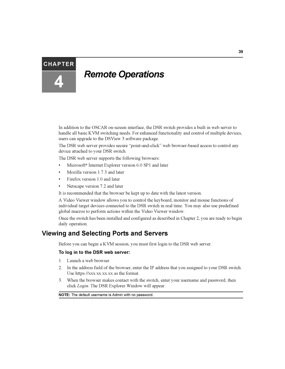 Daxten DSR1020, DSR2020, DSR4020, DSR8020 manual Remote Operations, To log in to the DSR web server 