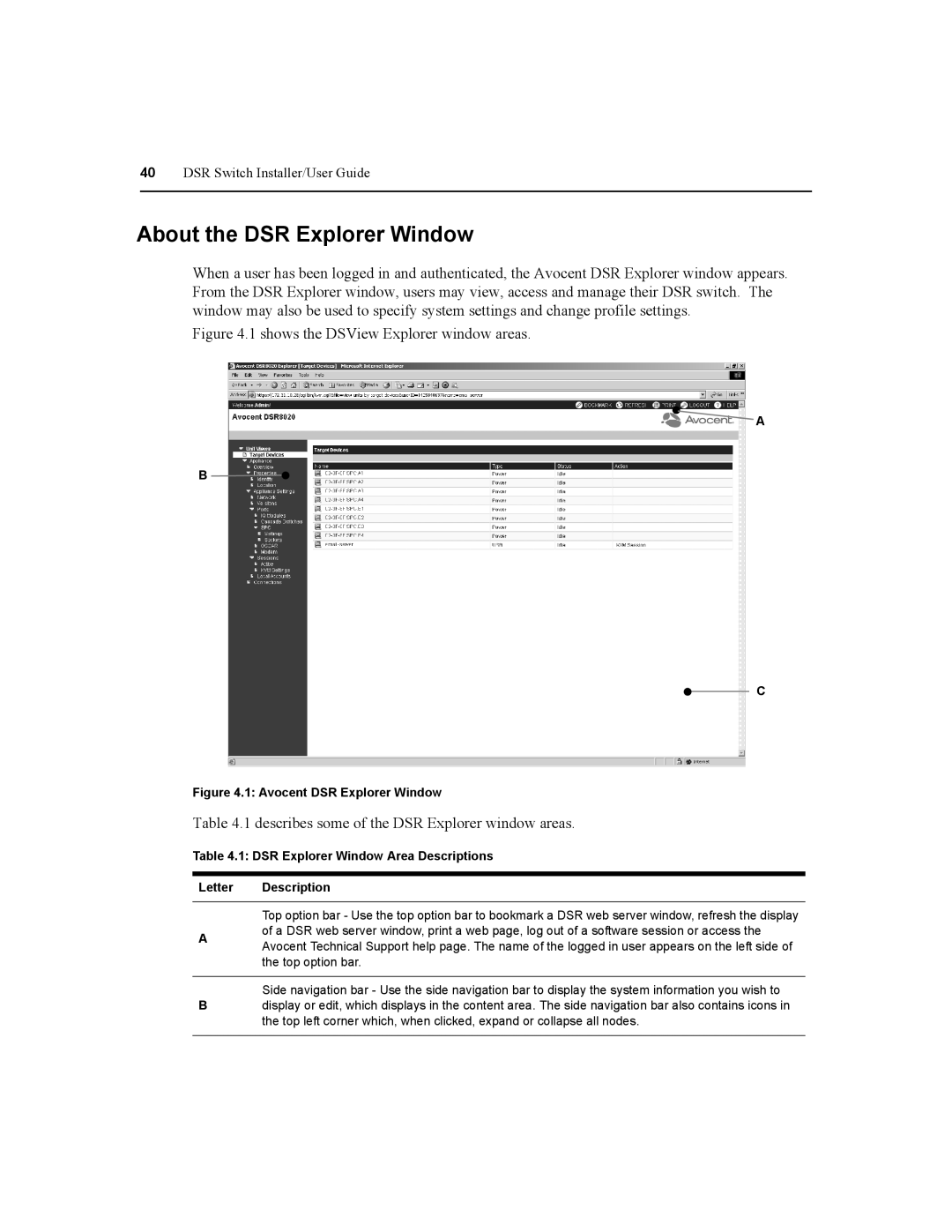 Daxten DSR2020, DSR4020, DSR8020 About the DSR Explorer Window, DSR Explorer Window Area Descriptions Letter Description 