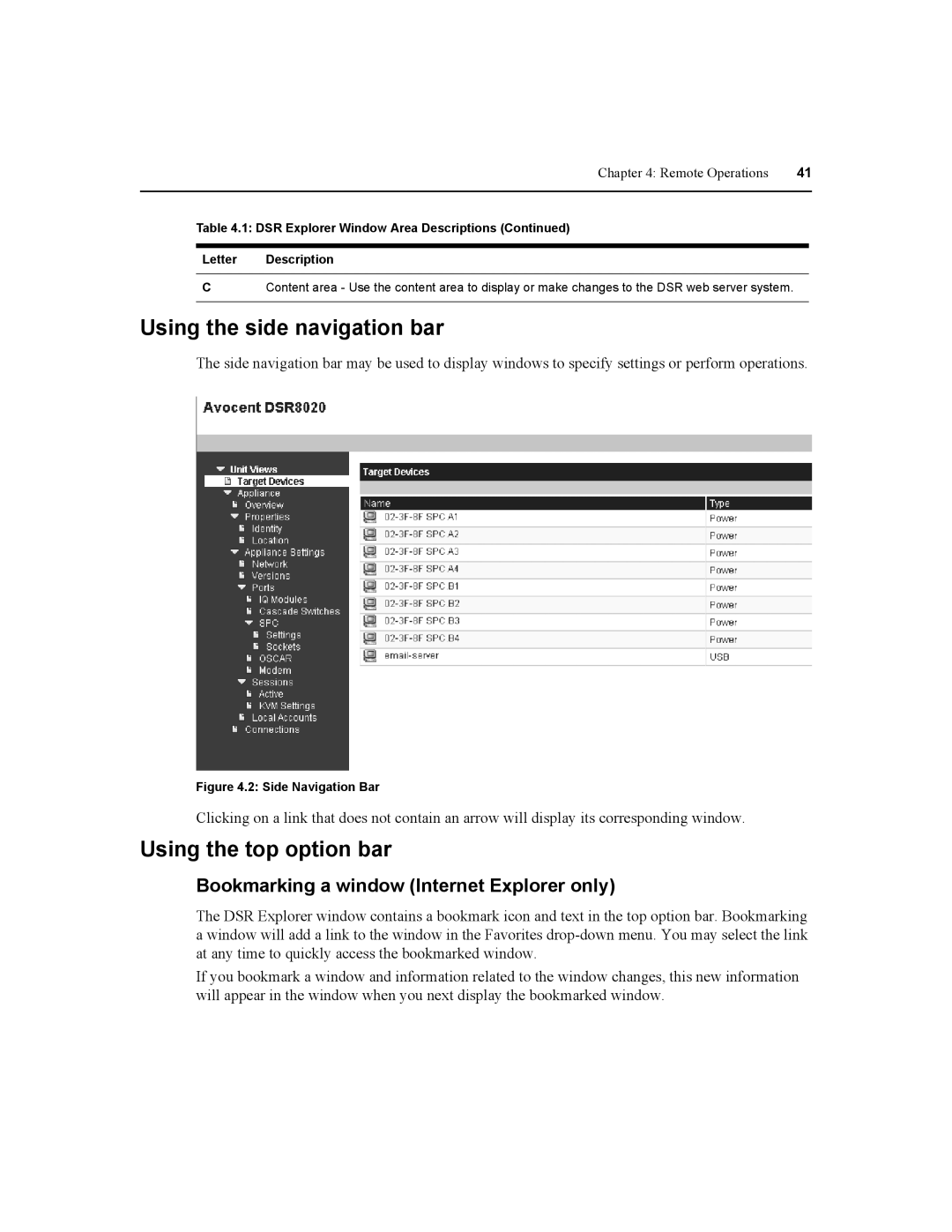 Daxten DSR4020 manual Using the side navigation bar, Using the top option bar, Bookmarking a window Internet Explorer only 