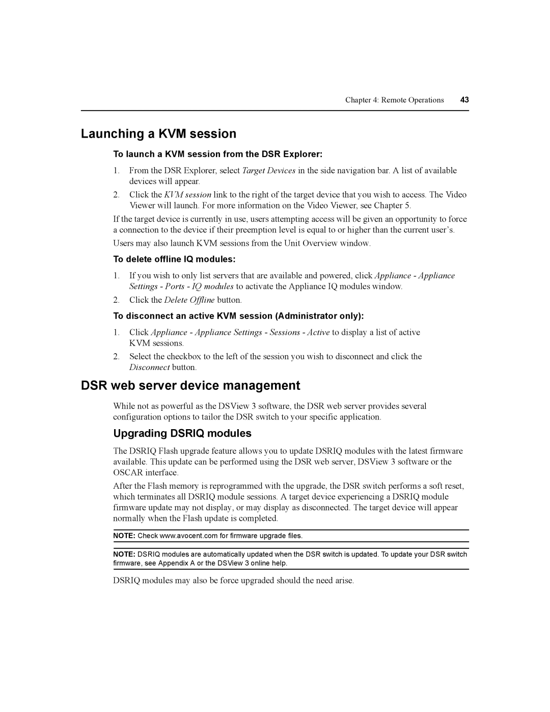 Daxten DSR1020, DSR2020, DSR4020, DSR8020 Launching a KVM session, DSR web server device management, Upgrading Dsriq modules 
