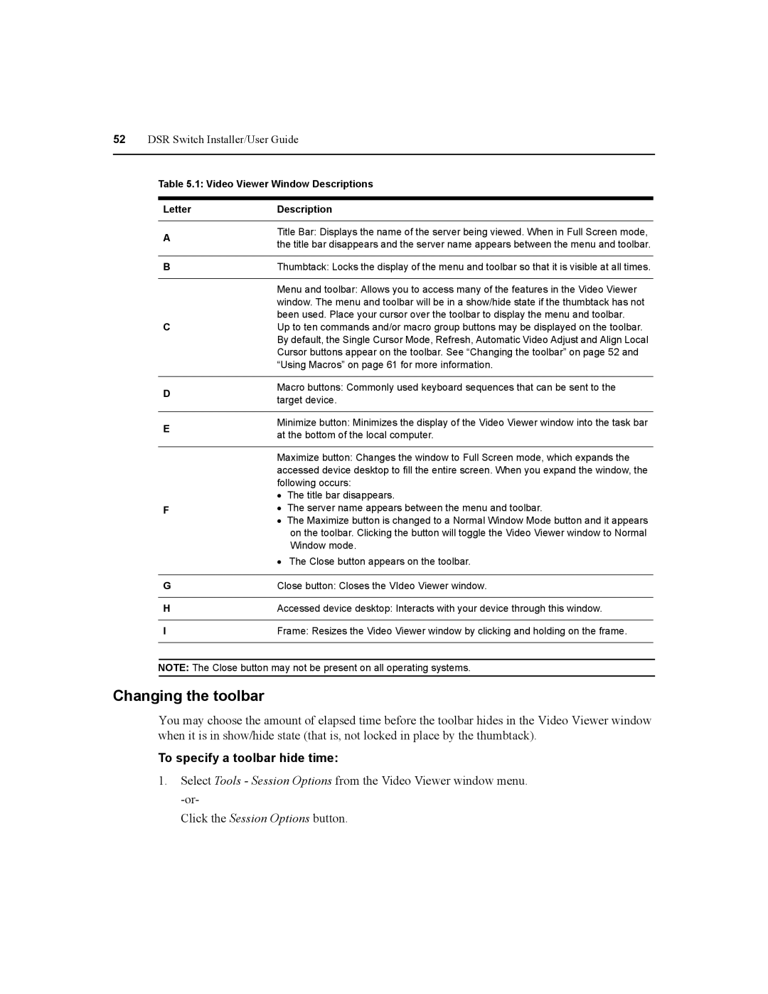 Daxten DSR2020, DSR4020 manual Changing the toolbar, To specify a toolbar hide time, Video Viewer Window Descriptions Letter 