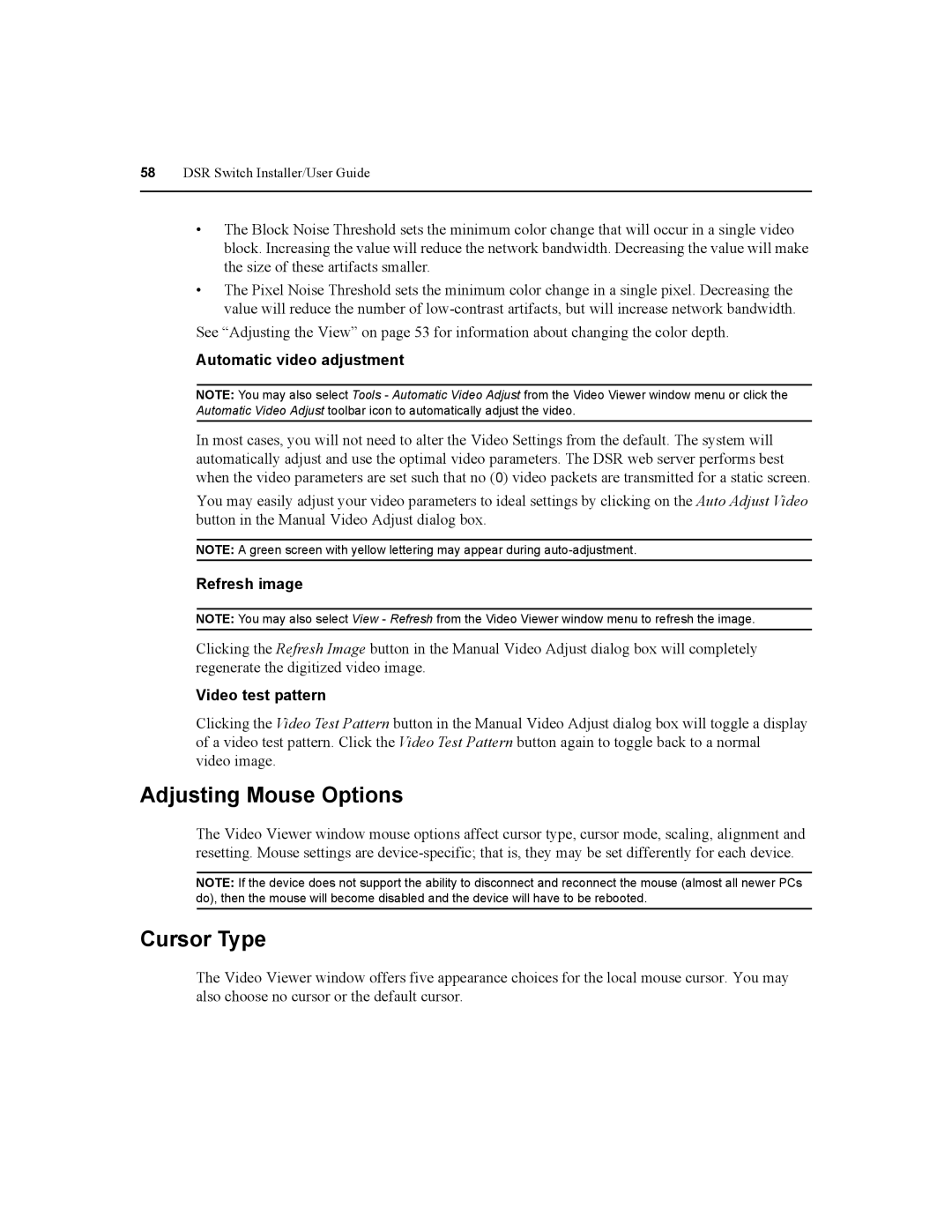 Daxten DSR8020 manual Adjusting Mouse Options, Cursor Type, Automatic video adjustment, Refresh image, Video test pattern 