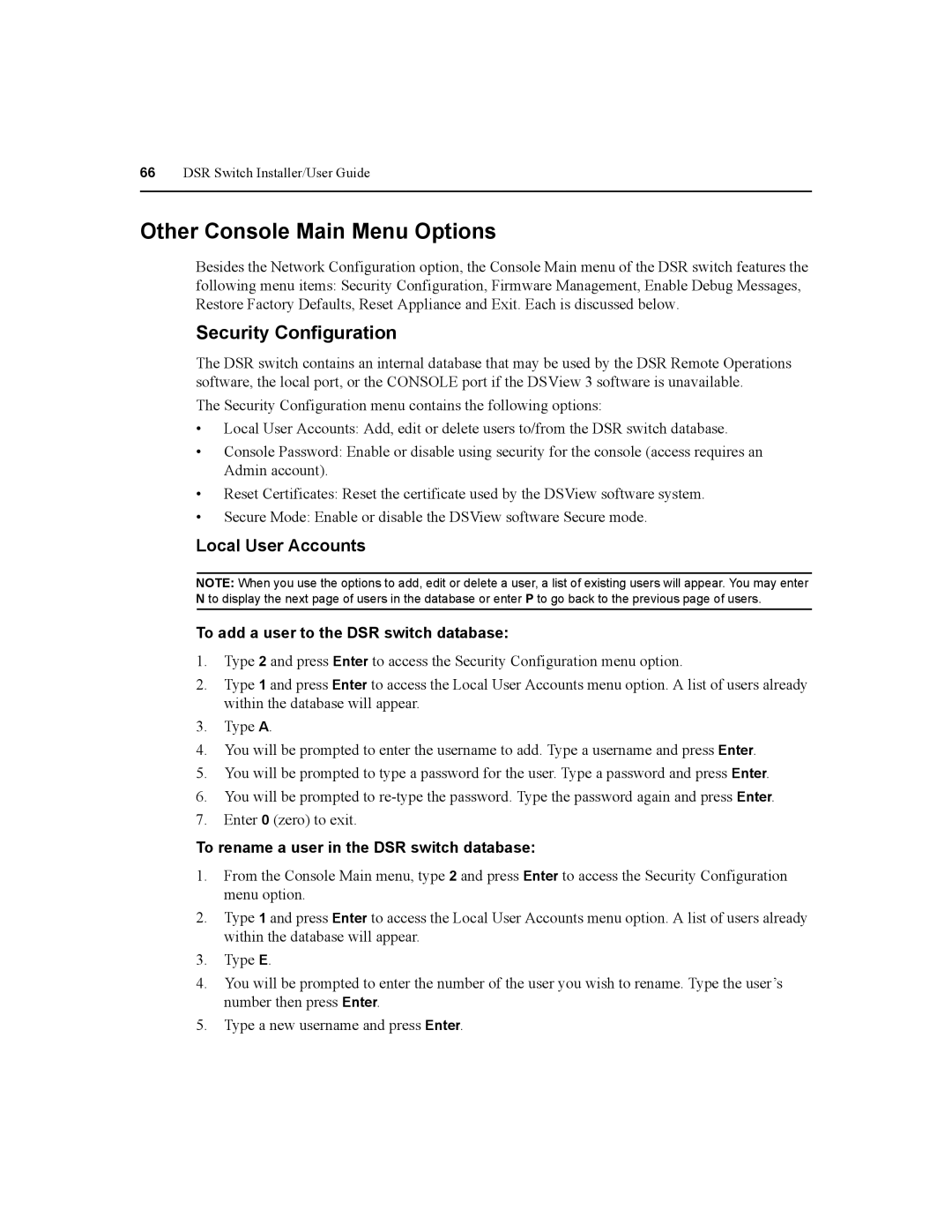 Daxten DSR8020, DSR2020 Other Console Main Menu Options, Security Configuration, To add a user to the DSR switch database 