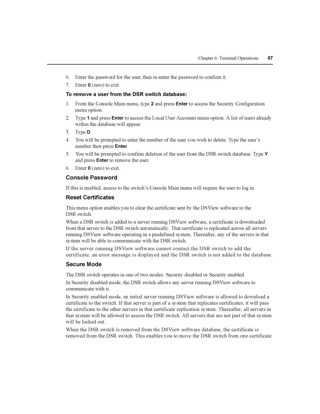 Daxten DSR1020, DSR2020, DSR4020, DSR8020 manual Reset Certificates, To remove a user from the DSR switch database 