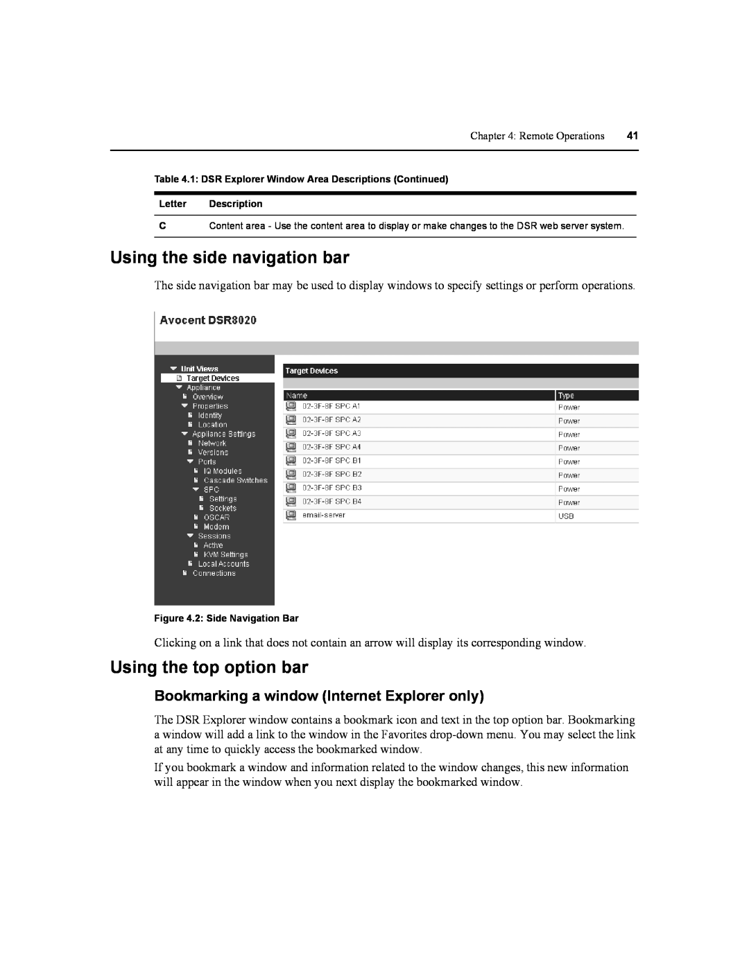 Daxten DSR4020 manual Using the side navigation bar, Using the top option bar, Bookmarking a window Internet Explorer only 