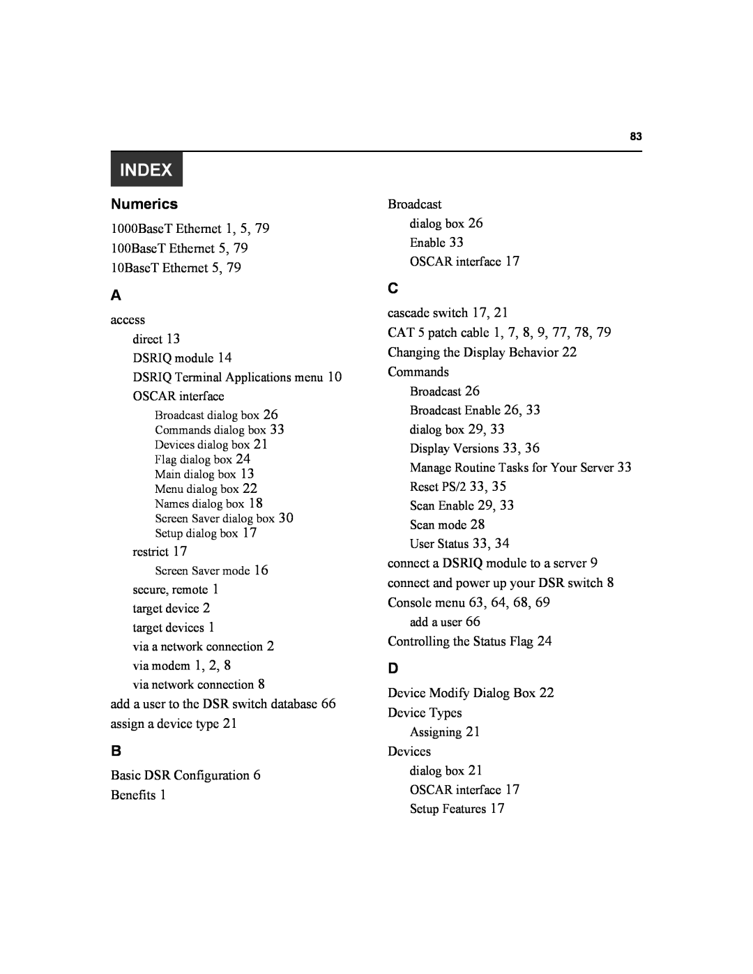 Daxten DSR1020, DSR2020, DSR4020, DSR8020 manual Index, Numerics, 63, 64, 68, 69 