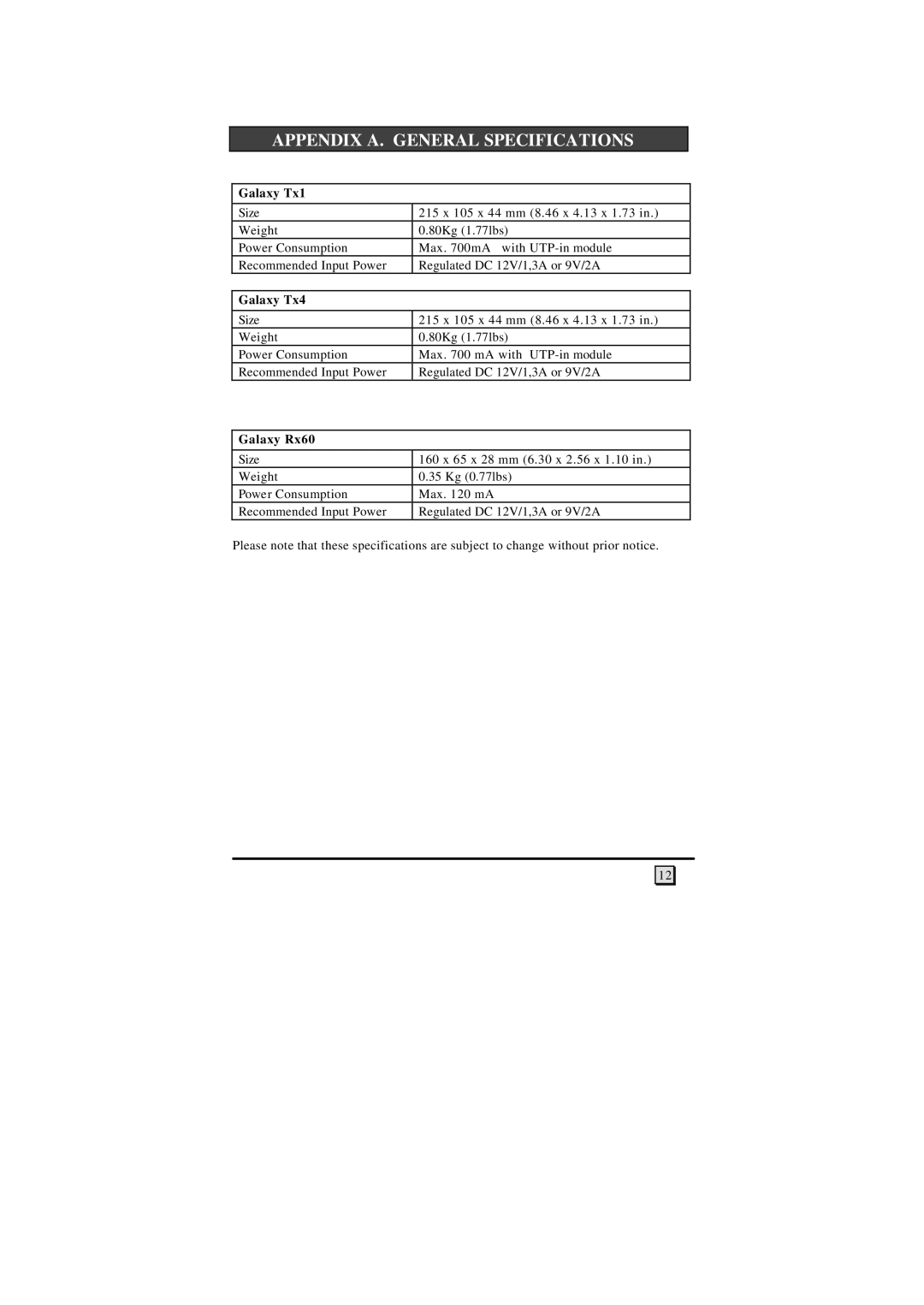 Daxten manual Appendix A. General Specifications, Galaxy Tx1, Galaxy Tx4, Galaxy Rx60 