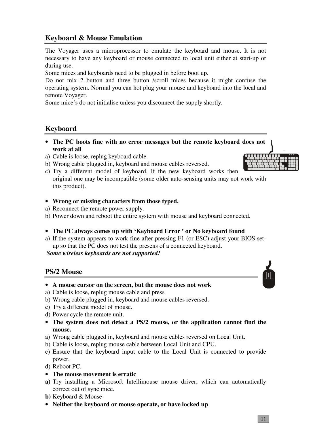 Daxten Voyager 300 manual Keyboard & Mouse Emulation, PS/2 Mouse, Mouse movement is erratic 