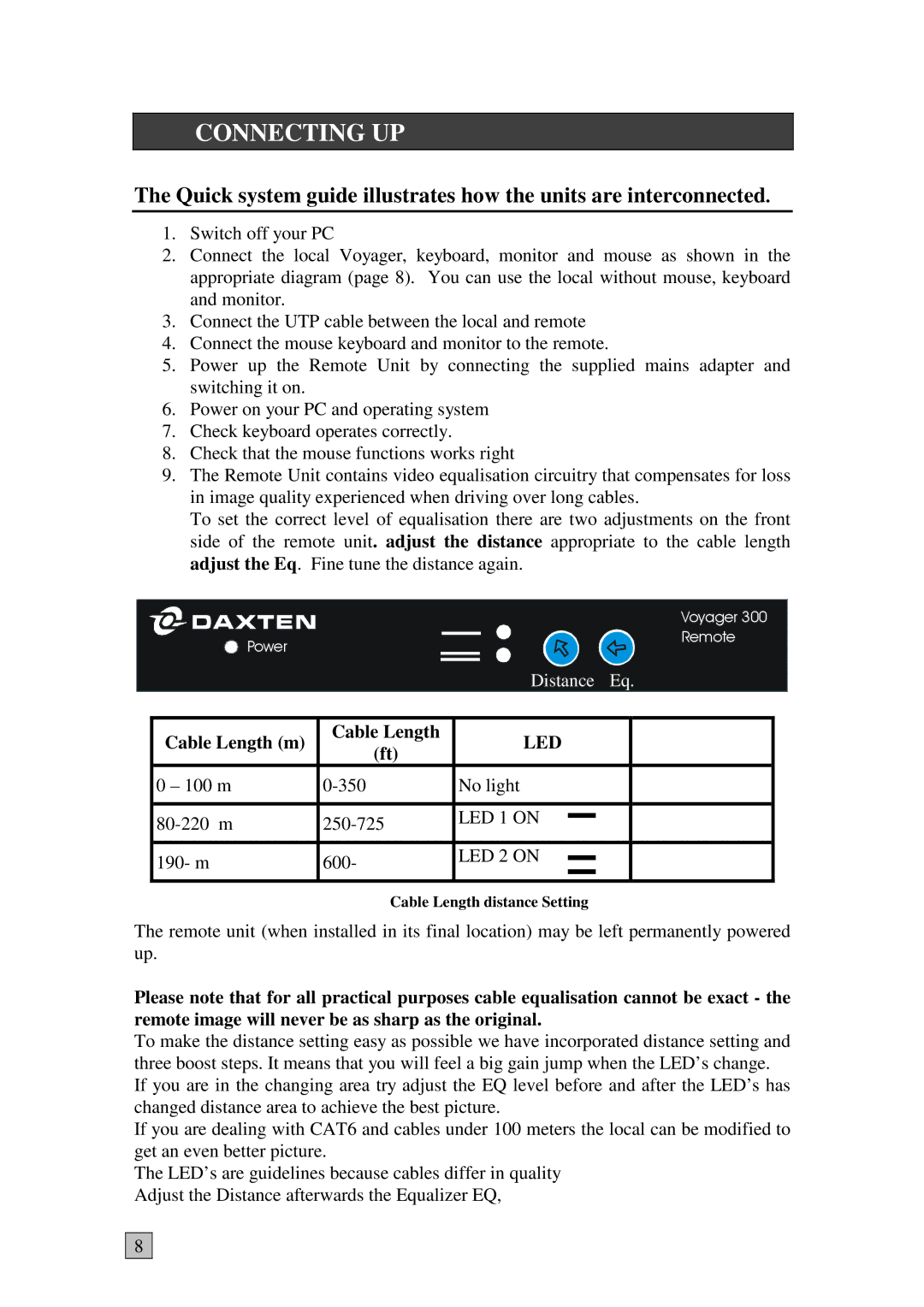 Daxten Voyager 300 manual Connecting UP, Cable Length m 