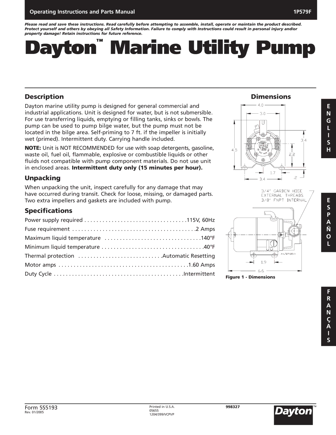 Dayton 1P579F specifications Description, Unpacking, Specifications, Dimensions 