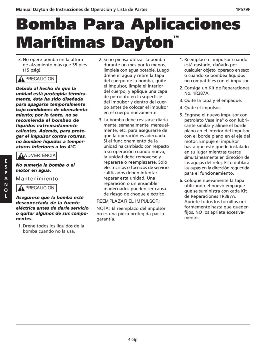 Dayton 1P579F specifications Mantenimiento, Reemplazar EL Impulsor 