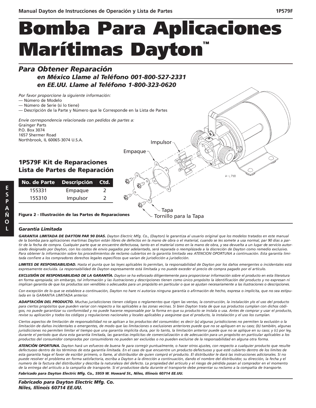 Dayton specifications Para Obtener Reparación, 1P579F Kit de Reparaciones Lista de Partes de Reparación 