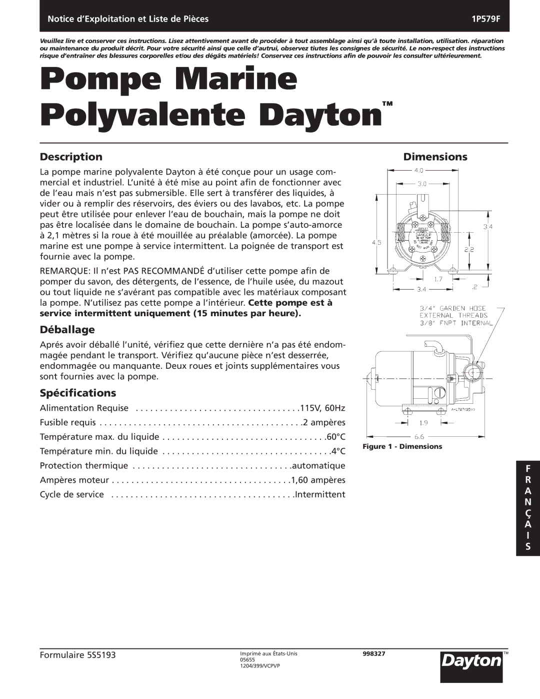 Dayton 1P579F specifications Description Dimensions, Déballage, Spécifications 