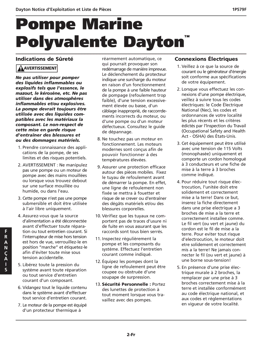 Dayton 1P579F specifications Indications de Sûreté, Connexions Électriques 