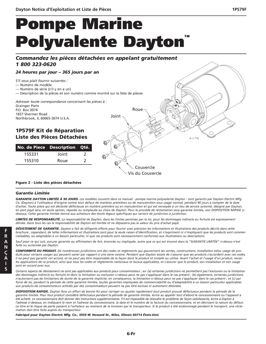 Dayton specifications 1P579F Kit de Réparation Liste des Pièces Détachées, Heures par jour 365 jours par an 