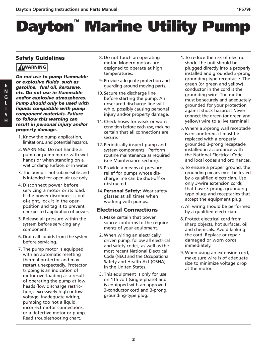 Dayton 1P579F specifications Safety Guidelines, Electrical Connections 