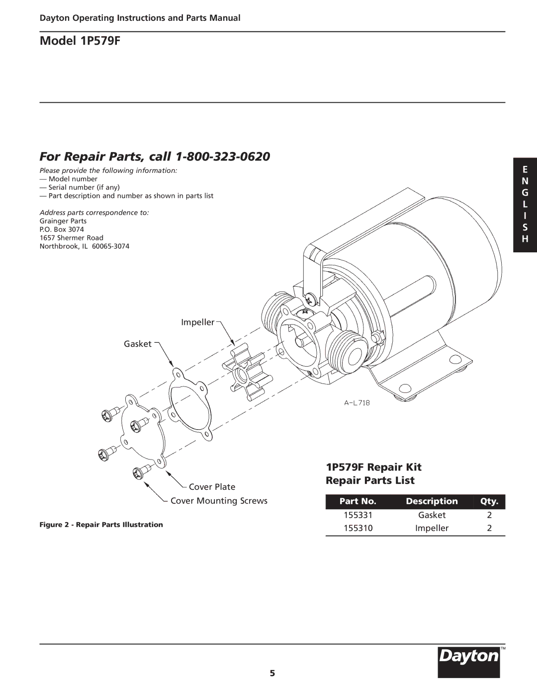 Dayton specifications For Repair Parts, call, 1P579F Repair Kit Repair Parts List 