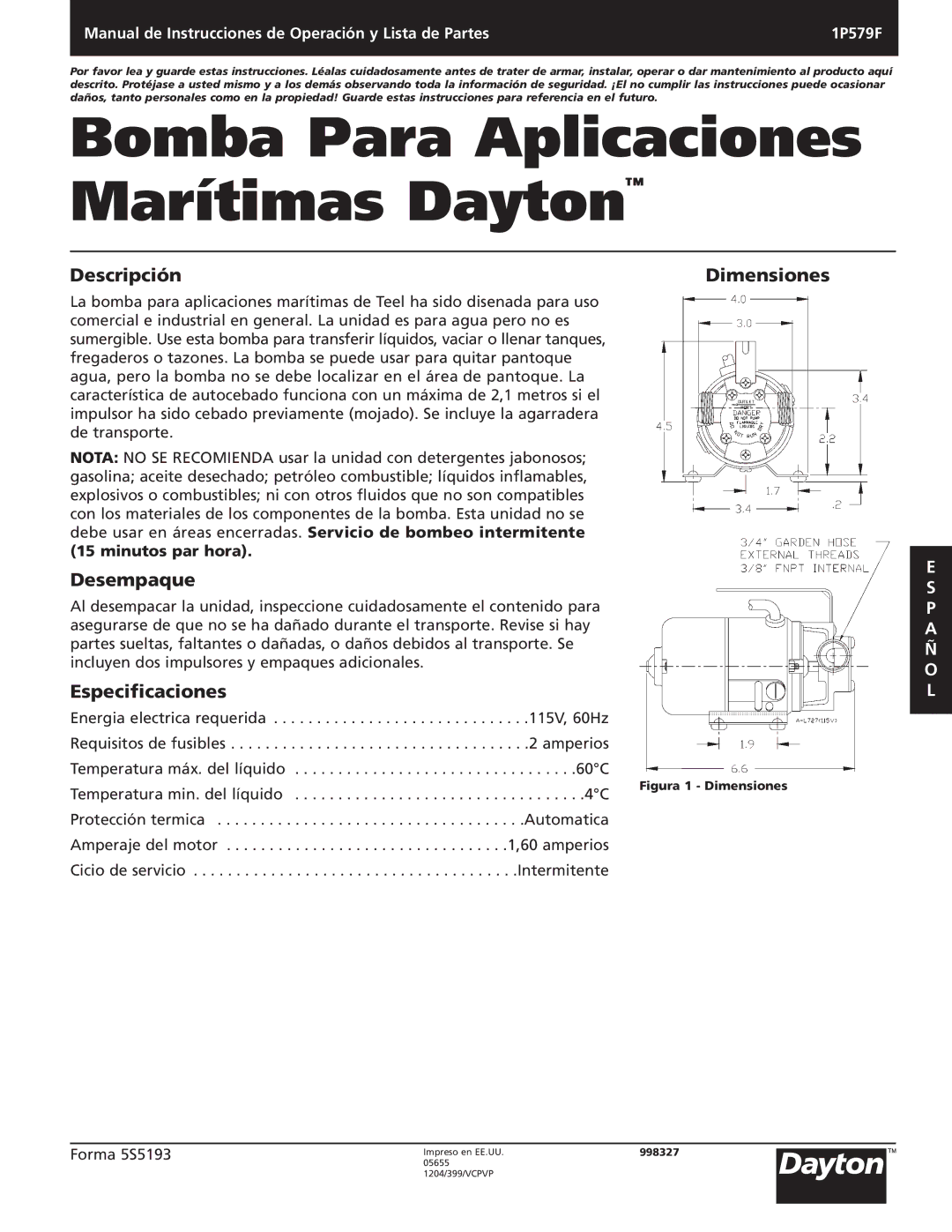 Dayton 1P579F specifications Descripción Dimensiones, Desempaque, Especificaciones 