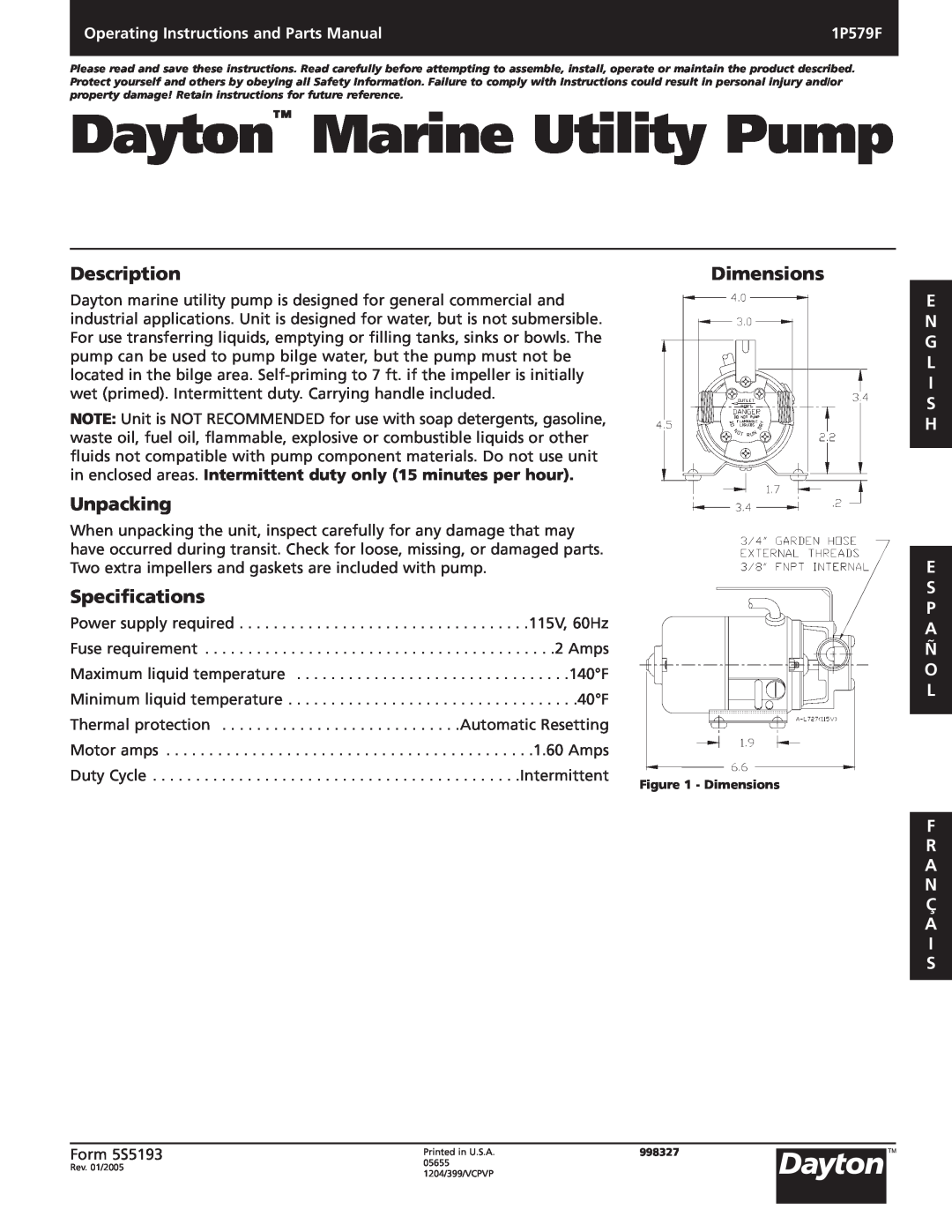 Dayton 1P579F specifications Dayton Marine Utility Pump, Description, Unpacking, Specifications, Dimensions, E S P A Ñ O L 