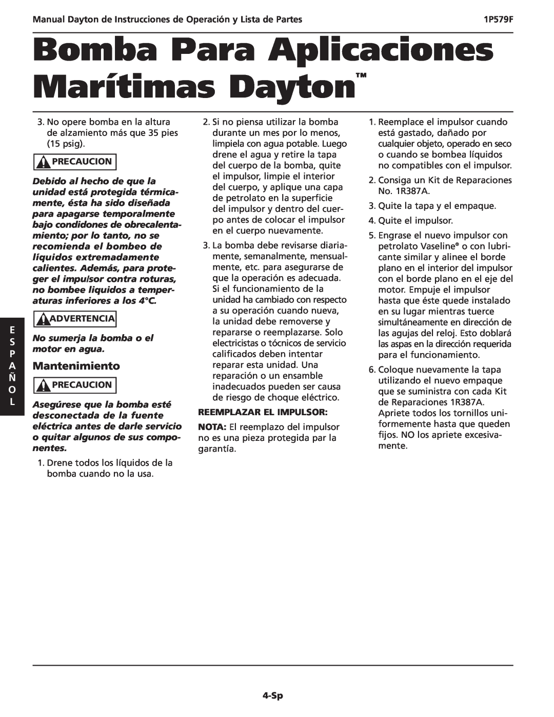 Dayton 1P579F A Mantenimiento, O Precaucion, Reemplazar El Impulsor, 4-Sp, Bomba Para Aplicaciones Marítimas Dayton 