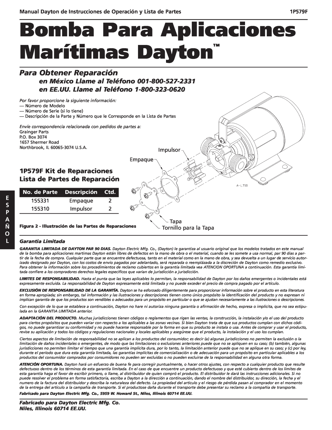 Dayton Para Obtener Reparación, 1P579F Kit de Reparaciones Lista de Partes de Reparación, Impulsor, Empaque, P.O. Box 