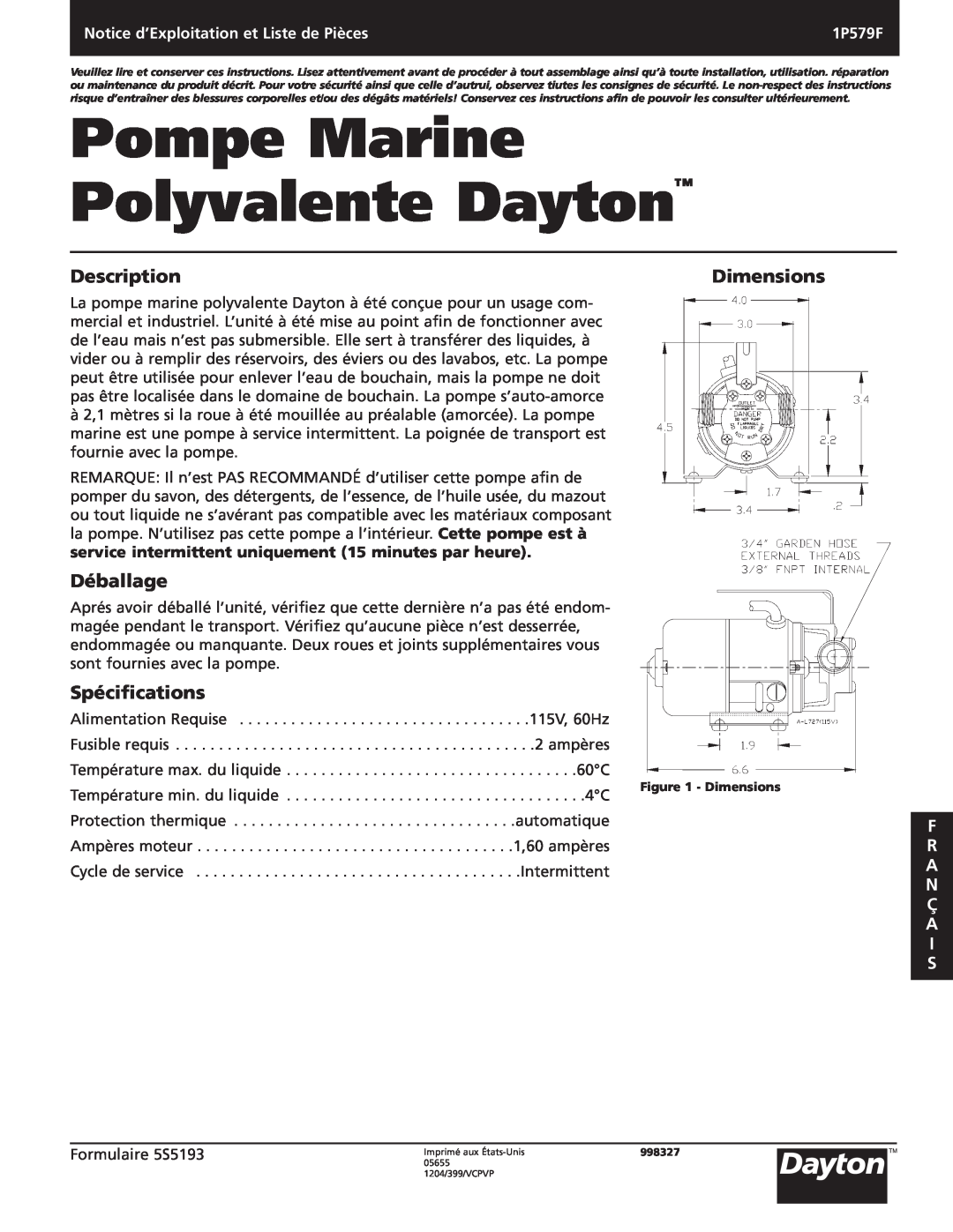 Dayton 1P579F Pompe Marine Polyvalente Dayton, Déballage, Spécifications, Description, Dimensions, F R A N Ç A I S 