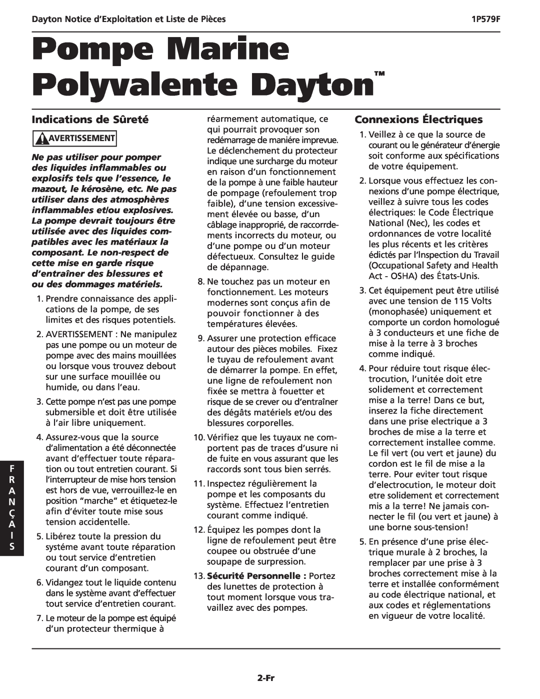 Dayton 1P579F Indications de Sûreté, Connexions Électriques, Dayton Notice d’Exploitation et Liste de Pièces, 2-Fr 