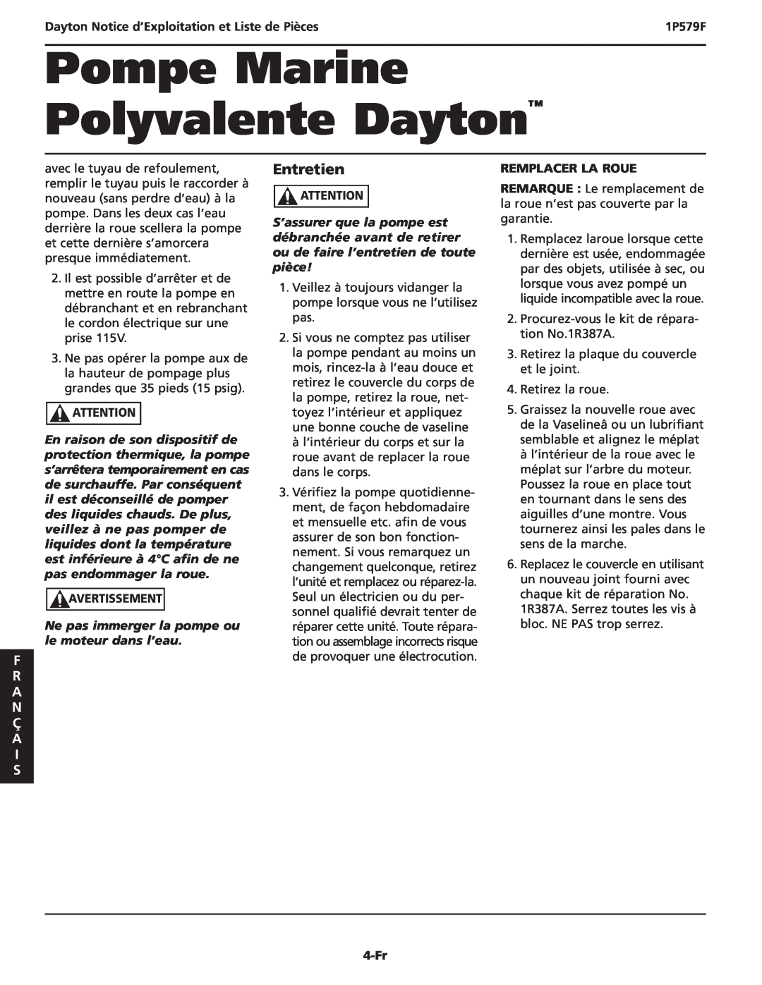 Dayton 1P579F Entretien, Remplacer La Roue, 4-Fr, Pompe Marine Polyvalente Dayton, F R A N Ç A I S, Avertissement 