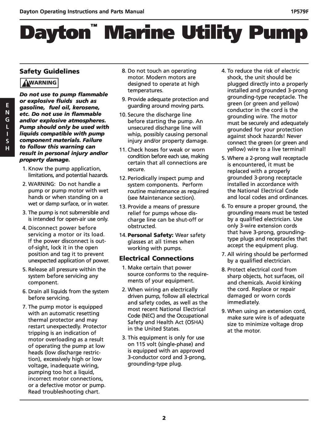 Dayton 1P579F specifications Safety Guidelines, Electrical Connections, Dayton Operating Instructions and Parts Manual 