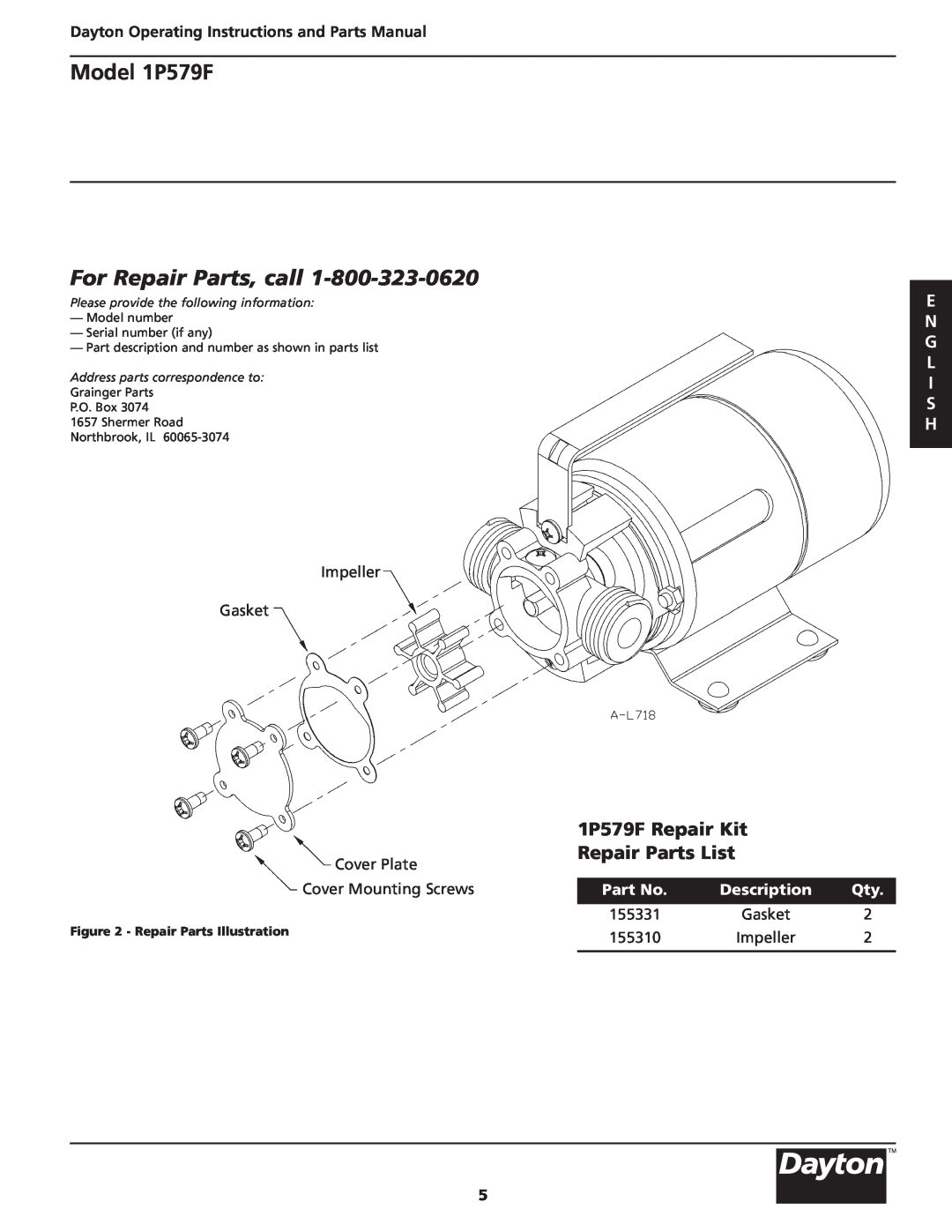 Dayton For Repair Parts, call, 1P579F Repair Kit Repair Parts List, E N G L I S H, Description, Model 1P579F 