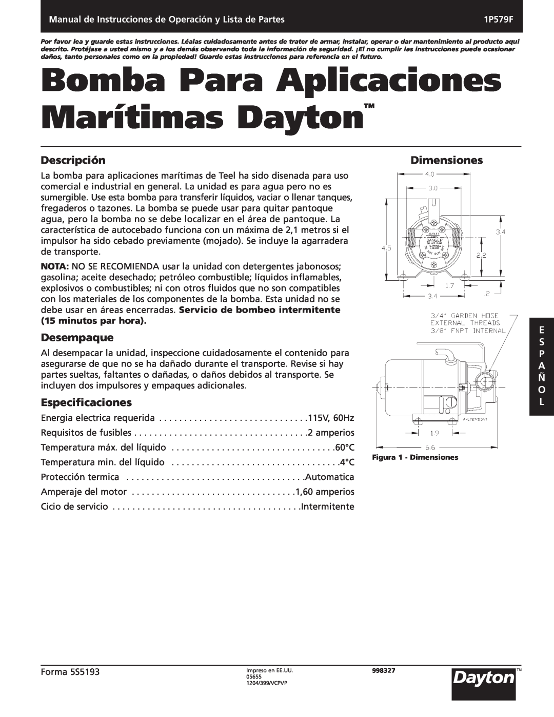 Dayton 1P579F Bomba Para Aplicaciones Marítimas Dayton, Descripción, Dimensiones, Desempaque, Especificaciones 